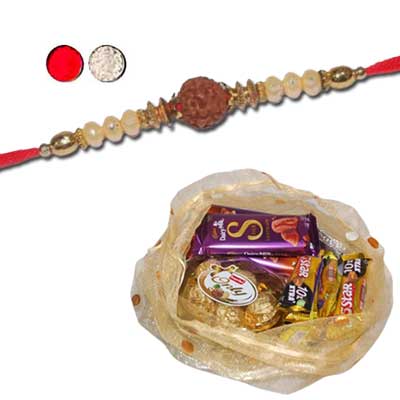 "Designer Fancy Rudraksha Rakhi - FR-8510 A- (Single Rakhi) Choco Thali - code RC03 - Click here to View more details about this Product